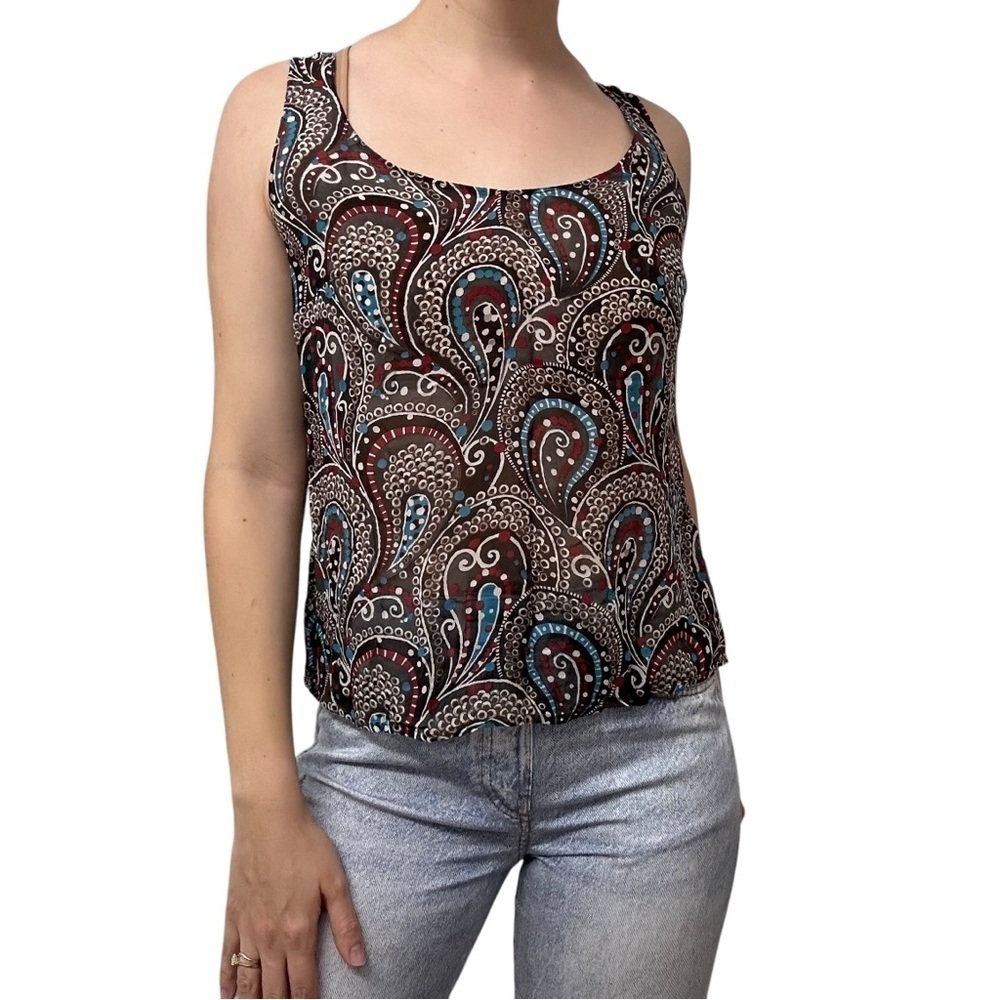 Escada Tank Top 100% Silk Paisley Floral Designer Colorful Size 36 Small